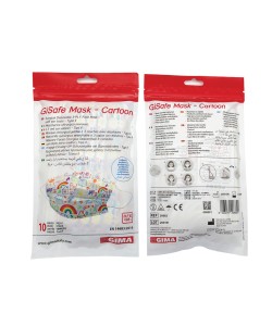 Gisafe Mascherina Chirurgica Filtrante 98% 3 Veli Tipo IIR Con Elastici - Pediatrica - Cartoon - Flowpack 10 PZ